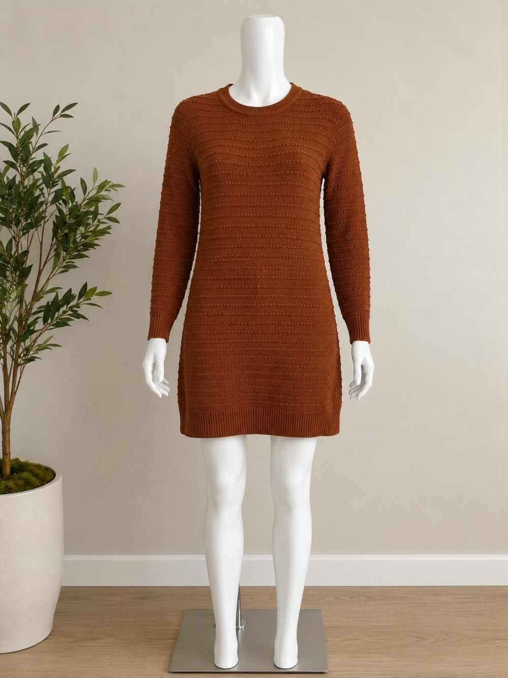 Classic Crewneck Knit Mini Dress in Rust